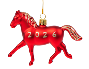 Red Christmas tree toy shaped like a horse with number 2026, representing Chinese zodiac Year of the Fire Horse.