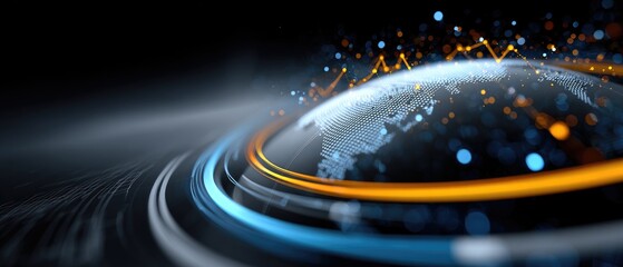 analysis business charts concept. Futuristic digital globe with glowing lines and data points against a dark background.