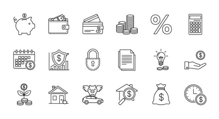 Fototapeta premium Financial Icons A Comprehensive Collection of Business and Investment Symbols for Digital and Print Media