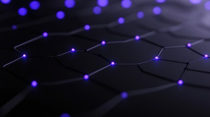 Abstract hexagonal network with glowing purple nodes on dark background