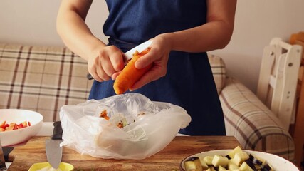 In a cozy kitchen, someone skillfully peels a carrot while preparing a variety of fresh vegetables. The vibrant colors indicate a focus on healthy, homemade cooking. - Powered by Adobe