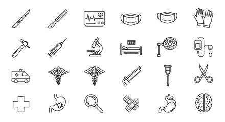 Collection of medical icons, featuring surgical instruments, diagnostic tools, emergency services, and anatomical representations for healthcare and medical concepts