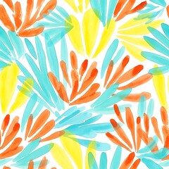 Vibrant abstract floral pattern with bright orange teal and yellow brushstrokes