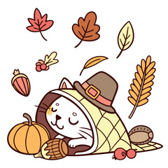 Charming SVG of a Sleepy Cat featuring wrapped in a blanket, styled in a Thanksgiving theme with Harvest Blessings hues