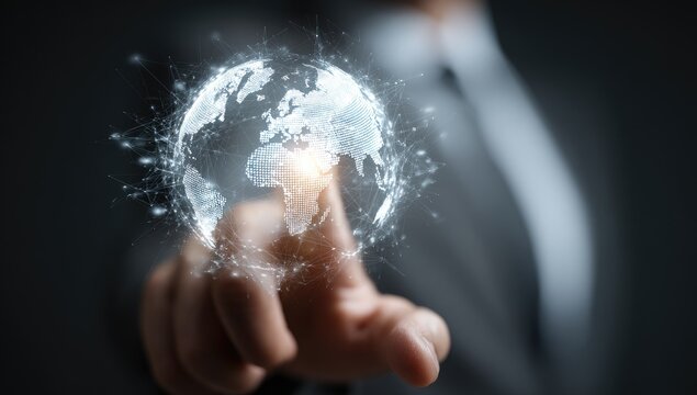 A hand hovers over a holographic, interconnected world map
