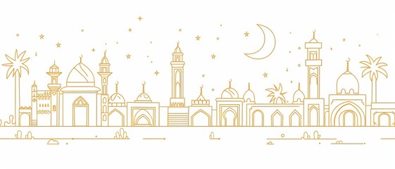 Obraz premium Golden line drawing of a city of mosques at night