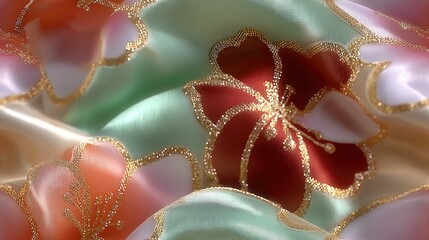 Pale celadon satin background with persimmon Su embroidery motifs: Hollow crabapple lattice and flowing water patterns, silk gradient mimicking stitch texture, senior-friendly digital print