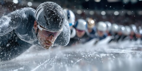 Athletes compete with intensity on a frozen track in a speed skating event, which represents the idea of high-velocity sports.