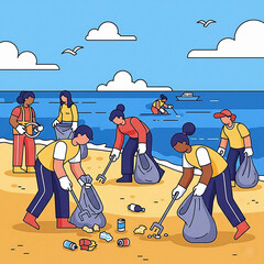 Obraz premium Vector illustration of volunteers cleaning up plastic waste on the beach. People collect trash with bags and tools, promoting environmental awareness, recycling, and ocean conservation.