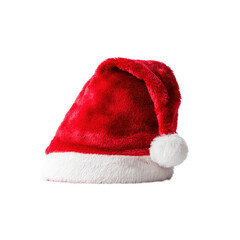 A red santa hat with white trim and pom pom on transparent background