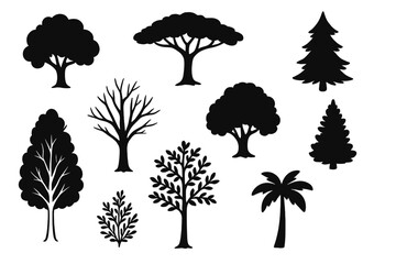 Nature trees silhouette icon set, plant botanical graphics collection, vector cartoon illustration with transparent background, assorted tree shapes, foliage and trunk designs