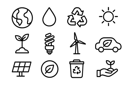 Nature and ecology outline icon set, environment and green energy symbols, sustainability icons with transparent background, renewable energy, eco-friendly concepts, cartoon style vector collection - Powered by Adobe