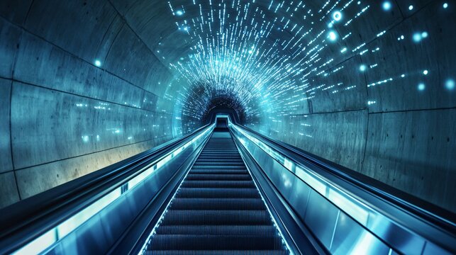 Escalator in a concrete tunnel with digital light effects, futuristic design