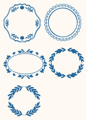 Doodle hand drawn frames in stamp style. Minimalist line art. Vintage blue ornament borders for wedding, greeting cards, menu, prints, picnic invitations. Mediterranean sea coastal aesthetics.