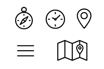 Navigation tools line icon set including compass, clock, location pin, menu lines, and map with location marker, vector cartoon illustration, transparent background, ordered set