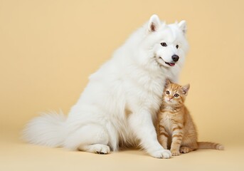 Fototapeta premium Portrait of a heartwarming and unlikely friendship between a large fluffy white Samoyed dog and a tiny ginger tabby kitten sitting together in a studio
