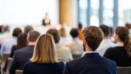 Fototapeta premium Professionals seated at seminar in modern conference hall — back view capturing engagement and focus