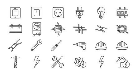 Fototapeta premium Collection of electrical icons and symbols, including switches, outlets, plugs, light bulbs, batteries, meters, wires, tools, hard hats, and power lines, isolated on a