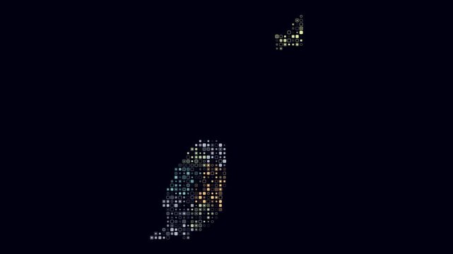Grenada map animation. Shape of the country with pulsating colored dots. Small size rounded square blocks. Digital style Grenada map on dark background. Amazing video.