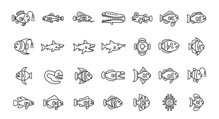 A collection of handdrawn cartoon fish and sea creatures, including sharks, eels, and a crocodile, isolated on a, perfect for childrens books or educational materials