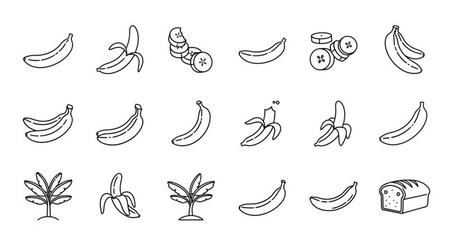 Collection of handdrawn banana icons and illustrations, including whole bananas, peeled bananas, banana slices, and banana trees, isolated on a