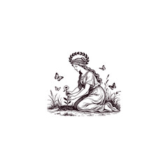 Fototapeta premium Elegant black and white engraving illustration of a graceful Greek goddess kneeling on the ground while planting a flower, surrounded by butterflies and natural elements