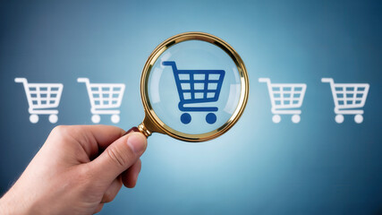 Magnifying glass focusing on online shopping cart symbol, representing e-commerce, consumerism, and digital retail in modern blue backdrop