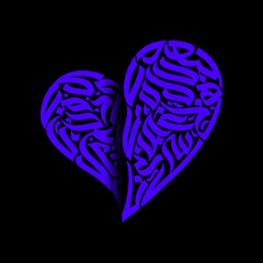 A stylized heart shape filled with flowing purple calligraphy on a stark black background art