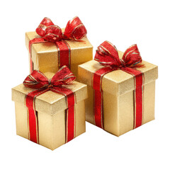 Obraz premium Three gold glitter gift boxes with red ribbons and bows on transparent background