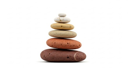 Perfectly Balanced Stack of Smooth, Varied Color River Stones on White Background