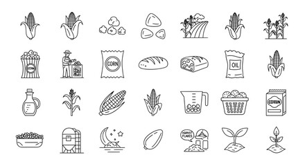 Collection of handdrawn icons representing corn farming, harvesting, and products, including corn cobs, kernels, popcorn, bread, oil, and agricultural machinery, isolated on a