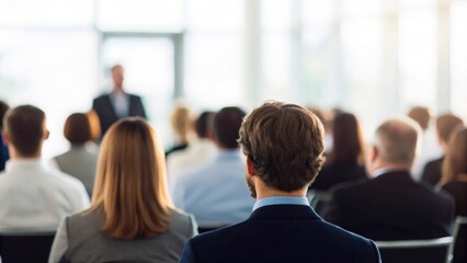 Business audience listening in bright conference room — back view highlighting seminar atmosphere