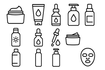 Skincare and beauty line icon set with creams, serums, lotions, droppers, and facial masks in flat cartoon style, vector illustration with transparent background, organized skincare collection