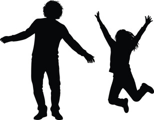 Silhouette of Two People in Joyful Jumping Pose, Celebrating Together, Expressing Happiness, Freedom, Motion, Energy, Interaction, Black Vector Art