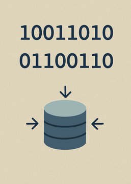 Binary code flows into coin stack representing big data investment illustration