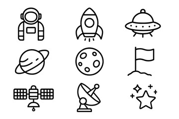Space exploration icon set in outline style, cosmic adventure essentials including astronaut, rocket, UFO, planets, moon, flag, satellite, antenna, and stars, vector cartoon illustration