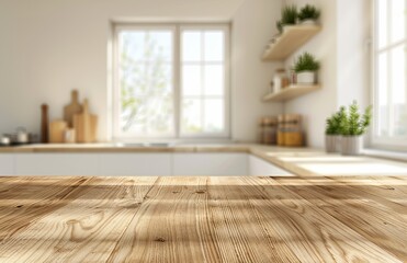Light-filled kitchen, wooden tabletop