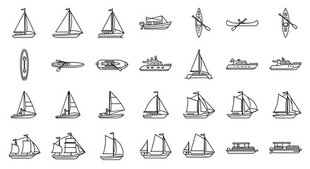 Collection of various boat types and watercrafts, including sailboats, yachts, canoes, and motorboats, isolated on a for easy use in design projects
