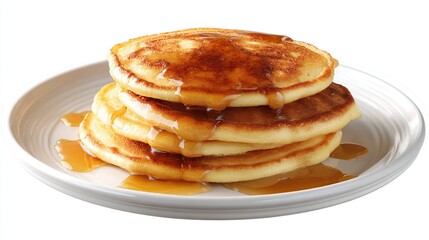 Stack of pancakes covered with syrup on a white plate, isolated on white