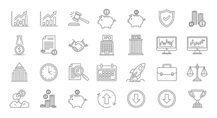Collection of finance and business icons, including graphs, piggy banks, buildings, clocks, and legal symbols, isolated on a