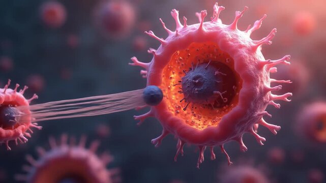 Microscopic virus attacking and injecting genetic material into a host cell. Medical concept of viral infection and replication. 3D animation. - Powered by Adobe