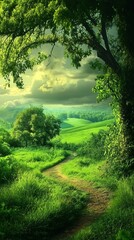 Naklejka premium Lush green path winding through a verdant landscape, framed by trees under a dramatic sky