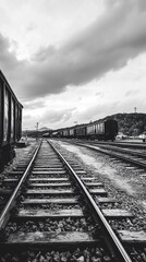Fototapeta premium Black and white train tracks stretching into the distance, with cargo cars