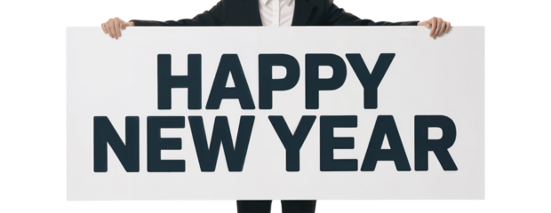 Person in a suit holding a sign that says happy new year perfect for holiday greetings and festive celebrations with a professional touch for the new year season