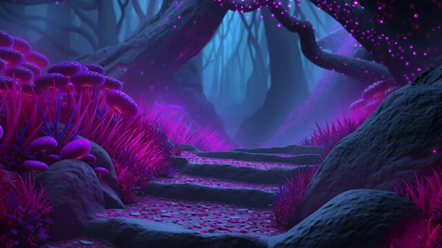 A vibrant fantasy forest scene featuring glowing purple mushrooms, pink grasses, and a mysterious pathway leading deeper into the woods.