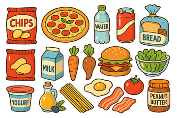Diverse assortment of food items featuring snacks, beverages, fresh ingredients, and meal essentials in casual cartoon style. Vector illustration on transparent background.