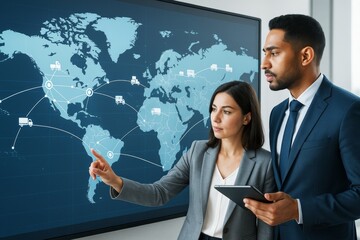 Business professionals analyzing global logistics using interactive digital world map for strategic planning in modern office environment. Ai generative