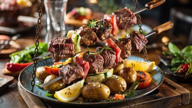 Portuguese espetada skewers with grilled beef chunks and vegetables hanging from metal chains over roasted potatoes with lemon wedges and fresh herbs on rustic wooden table