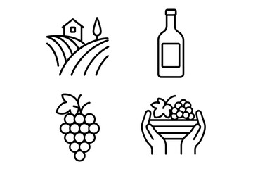 Wine production outline icon set, vineyard landscape, wine bottle, grape cluster, and hands holding grape harvest, linear vector illustration with transparent background, ordered set