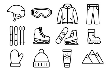 Winter sports outline icon set, essential outdoor gear symbols for skiing, snowboarding, ice skating, mountain adventure in sleek vector cartoon style with transparent background